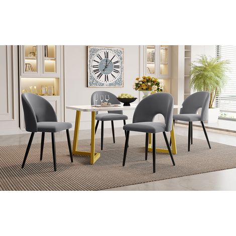 Ensemble salle à manger 117×68 cm avec 4 chaises velours motif losange gris,pieds réglables et pieds de table dorés. (1/5)