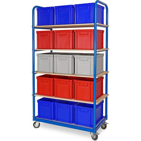 BRB Etagenwagen mit 5 Ebenen, BxTxH 1050x500x1880 mm, bestückt mit 15 Euroboxen BxTxH 400x300x280 mm, 4 Lenkrollen (farbig Sortiert) (1/3)