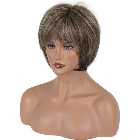 perruque Courte Dgrade Dore Avec Frange Brun Fonc Mlange Du Blond, Coupe Pixie Perruque Femme En Fibre Synthtique (1/4)