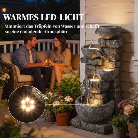 Fontaine extérieure en résine, cascade de jardin à 5 étages avec éclairage LED, pompe incluse, finition pierre naturelle, 34 x 36 x 80 cm (1/4)