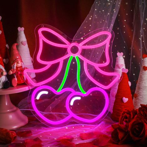 Enseigne néon « Nœud Cerise » rose pour la Saint-Valentin, lampe LED en forme de cœur et de cerise, alimentation USB, éclairage réglable, idéale pour une chambre, un mariage entre amies, etc (1/5)