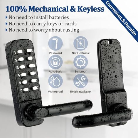 Mechanisches, schlüsselloses Türschloss (schwarz) – Wasserdichte Tastatur aus Edelstahl 304, für Türen mit einer Stärke von 35 bis 65 mm und verstellbarem Griff