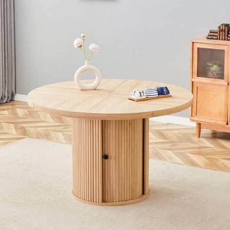 Mesa de comedor redonda 115x115x74 cm color madera en MDF con almacenaje y pata central (1/4)