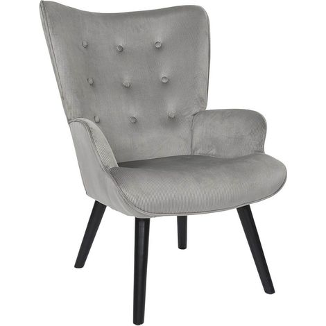 HAMZA - Fauteuil Tissu velours côtelé gris clair et piétement hévéa laqué noir (1/5)