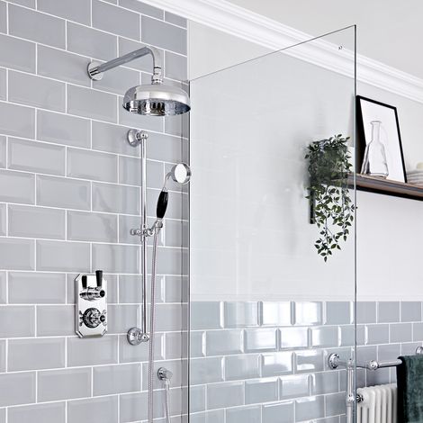 Hudson Reed Elizabeth - Kit de douche rétro - Mitigeur thermostatique à double fonctions avec inverseur&44 Pommeau pluie rond de 20 cm et Kit douchette sur rampe - Chromé et Noir (1/5)
