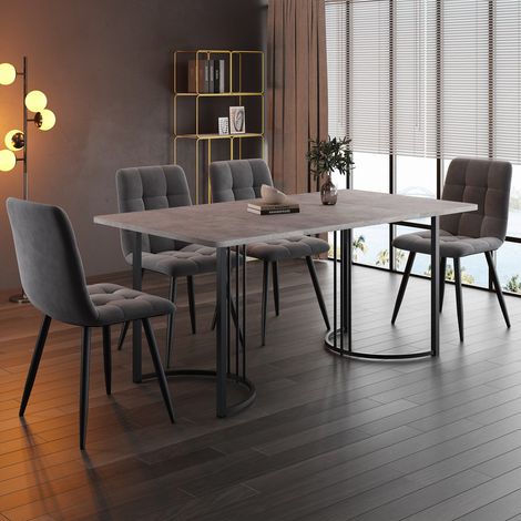 Table à manger 140x80 cm avec 4 chaises, set moderne, plateau mdf gris, pieds en métal noir, chaises en velours gris foncé (1/5)