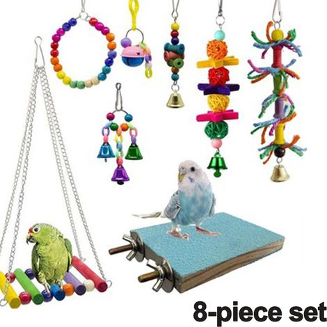 Lot de 8 jouets pour perroquets, balançoire en bois naturel, perchoir suspendu, hamac, échelle en corde, clochette, jouets pour cage à oiseaux pour perruches ondulées et perruches.