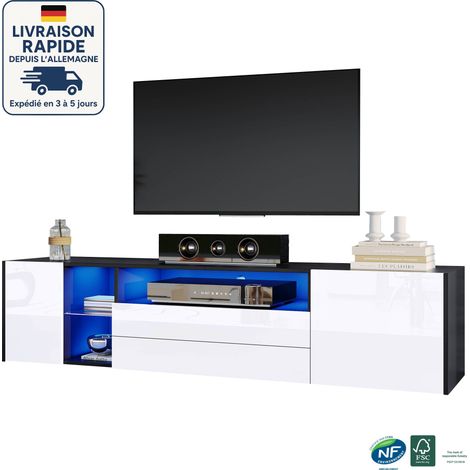 Meuble TV 180 cm - Épissage noir et blanc - Simplicité moderne- LED - 2 portes 2 tiroirs - 2 étagères semi-ouvertes au milieu - Pour téléviseurs 75" (1/5)