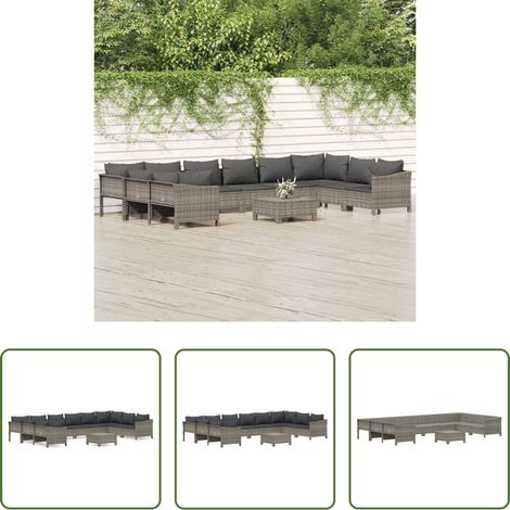 Gartenmöbel - 11-tlg. Garten-Lounge-Set mit Kissen Grau Poly Rattan (1/5)