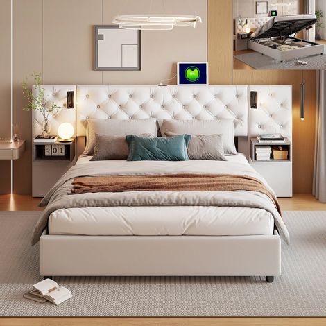 Lit 140x200 Coffre LED - Tête de Lit Capitonné avec Rangement et USB/Type-C - Lit Double avec Sommier à lattes - Velours - Beige (1/5)
