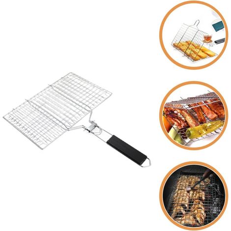 Panier de barbecue - Panier de barbecue en acier inoxydable, panier de barbecue pliable avec poignée, sac de rangement, grille de barbecue pour poisson, steak, légumes, crevettes (33.5 x 22cm) (1/4)