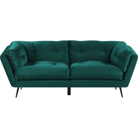 Sofá 3 plazas tapizado en terciopelo verde oscuro 210 x 90 cm patas de metal cojines adicionales retro Lenvik
