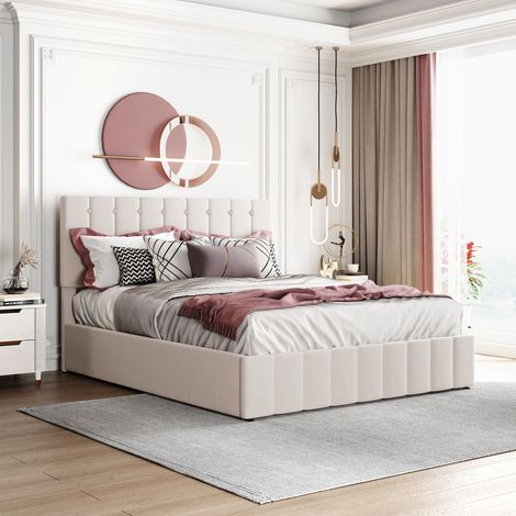 Lit double 140x200 cm, sommier à lattes métalliques avec coffre de rangement hydraulique relevable, tête de lit rembourrée ajustable en hauteur, revêtement en velours doux blanc crème, literie adulte (1/4)