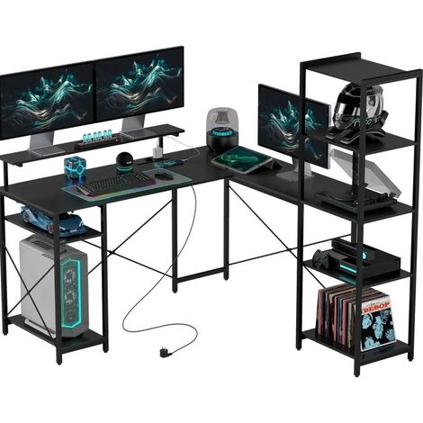 Escritorio en L negro 137 x 140 x 139,5 cm con estanterías, soporte monitor, USB (1/5)