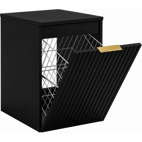Meuble de salle de bain suspendu 40 cm avec panier à linge, 1 porte, façades rainurées, Noir, poignées dorées, 40 x 46 x 58,6 cm (1/5)