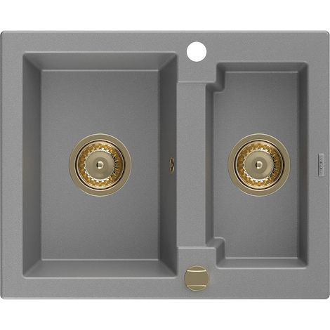 Mexen Carlos fregadero de granito de 1,5 senos 582 x 475 mm, gris, sifón dorado - 6518581500-71-G (1/5)