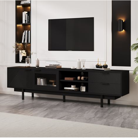 Mueble TV 200x40x50,5 cm de madera negra, con almacenaje para salón moderno FloraGrace (1/5)