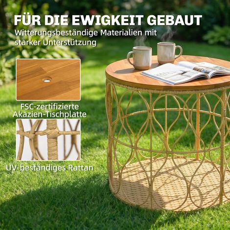 Table d'appoint Ø50 cm, table de jardin imperméable, style rotin, plateau en bois d'acacia, pieds réglables, teck (1/5)