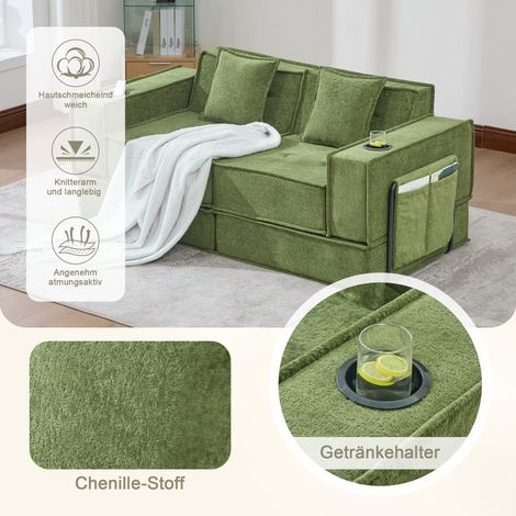 Canapé-lit 2 places en tissu, convertible, avec coussins, pouf rangement + porte-gobelets, idéal coin lecture & salle de jeux (1/4)