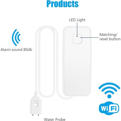 Rilevatore di acqua intelligente WiFi da 4 pezzi, rilevatore di perdite d'acqua intelligente con batteria AAA da 80 dB con cavo di rilevamento da 1 m, monitoraggio remoto e notifiche tramite app, per  (1/4)