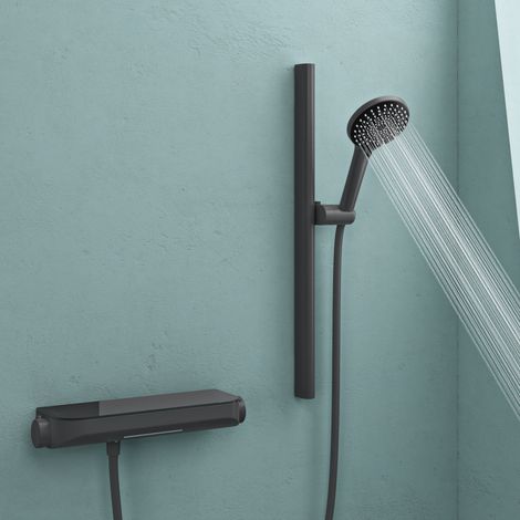 doporro Badewannenarmatur mit Handbrause, Armatur Badewanne Wasserfall mit Thermostat, Vollmessing-Körper Duscharmatur Set mit Duschstange, 1,5 m PVC Brauseschlauch & Wandhalterung, für Bad Grau