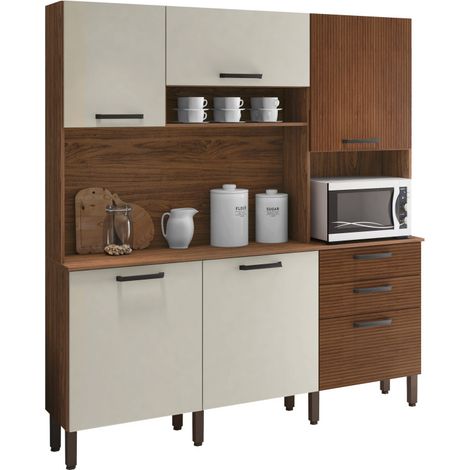 Beaux Meubles Pas Chers – Buffet de cuisine 6 portes 2 tiroirs imitation noyer et blanc écru – Dimensions L 180.2 x H 198 x P 38.8 cm – Bois certifié FSC
