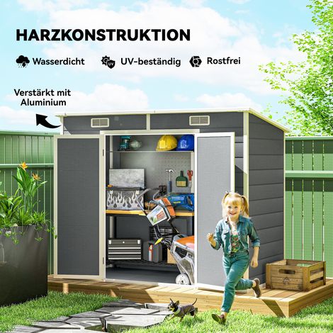 Abri de jardin 2,4 x 1,3 m, cabanon en plastique avec plancher, fenêtres et portes verrouillables, pour jardin, terrasse, gris (1/5)
