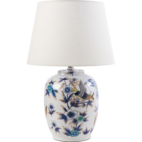 Lampe de Table Élégante avec Base en Porcelaine Motif Floral Abat-jour Cloche en Lin Blanc et Bleu Sunja