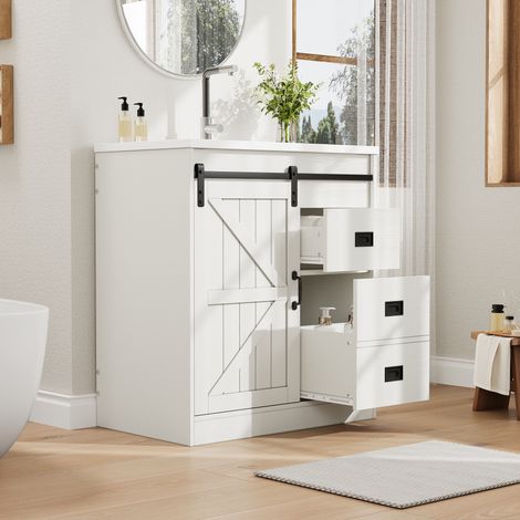Meuble de salle de bain blanc au design porte de grange, meuble sous-vasque avec vasque en céramique, meuble de salle de bain avec tiroirs et armoire, meuble moderne pour salle de bain (1/5)