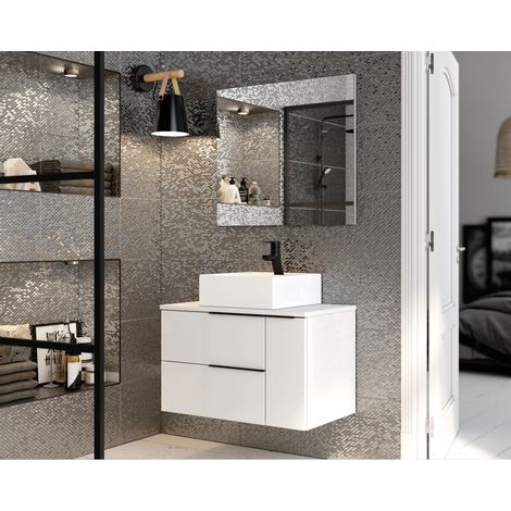 Mueble de baño suspendido de 80cm en madera blanco brillo con lavabo sobre encimera - Liverpool - 80 cm Con espejo y lámpara LED - Misura: 80 cm - Accessorio: Standard