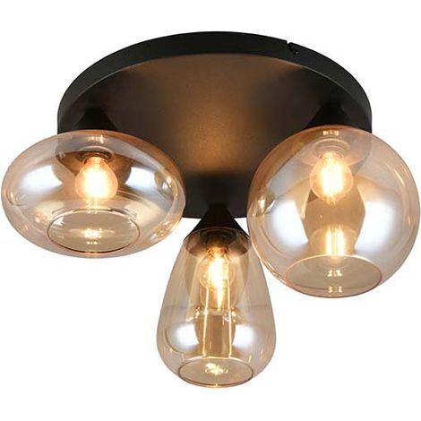 Deckenleuchte Deckenlampe Wohnzimmerlampe schwarz Rauchglas 3-flammig H 24,5 cm