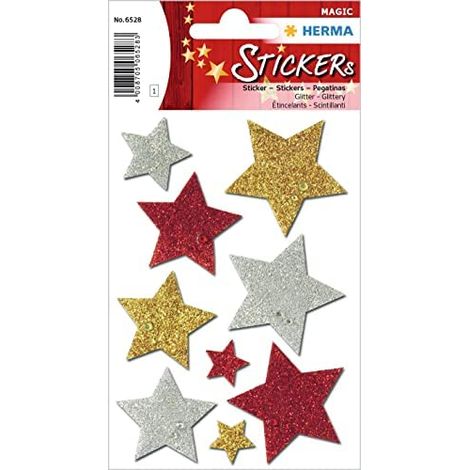 HERMA 6528 Aufkleber in Form von Sternen in leuchtenden Farben, aus Folie, mit Glitzer, dauerhaft haftend, 1 Bogen / 9 Aufkleber (1/2)