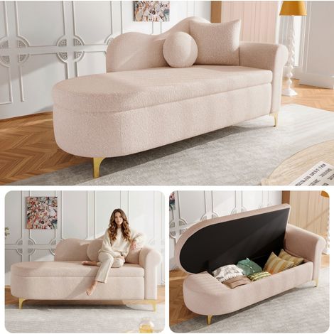 Méridienne chaise longue multifonctionnelle avec rangement, dossier ondulé, peluche, coussins lombaire et cervical 134x64x70 cm - Rose clair (1/5)