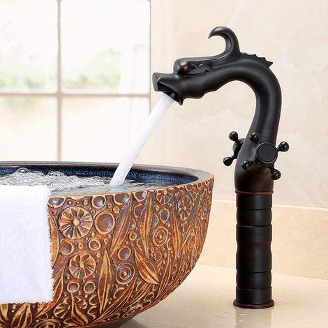 Robinet de salle de bain antique en laiton noir, mitigeur à double poignée pour lavabo et meuble-vasque élégants. (1/5)