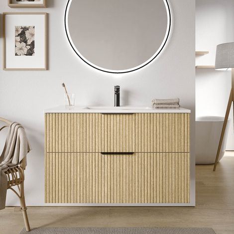 Waschtischunterschrank Bernstein TIM 100 cm mit Waschbecken Badmöbel: Eiche Nebelgrau profiliert, Metallgriff: Chrom