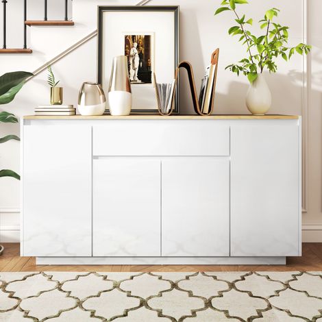 Aparador de cocina con 3 armarios y 4 puertas, mueble de cocina moderno con cajón, estante ajustable y puertas con cierre suave, aparador de madera MDF para salón o comedor, 140x40x75 cm, blanco.