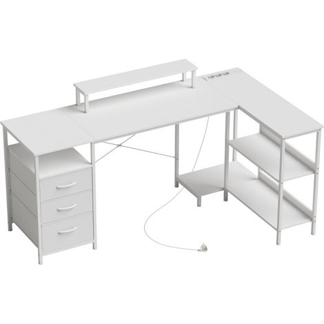 Bureau d'angle Belio avec prises et rangements blanc (1/5)