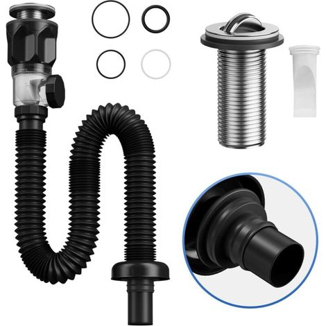 Ablaufgarnitur für Waschbecken mit flexiblem, ausziehbarem Siphon-Ablaufschlauch. Geruchsdichter Ablaufschlauch für Waschbecken mit 1-1/4"- und 1-1/2"-Ablauföffnungen.