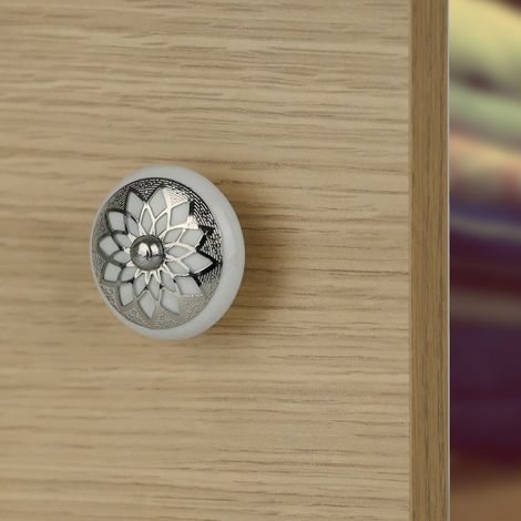 Ouvre&Déco – Bouton de meuble SEQUIN, Porcelaine blanc argent Ø35 mm (1/5)