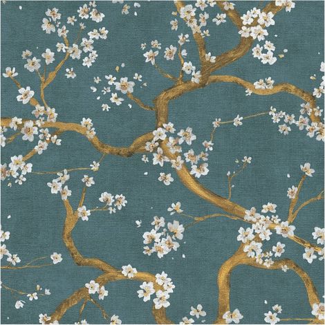 Carta da parati floreale Profhome 781994 Carta da parati TNT goffrata a caldo strutturata con ornamenti floreali ed accenti metallici blu petrolio oro bianco-crema 5,33 m2 (1/5)