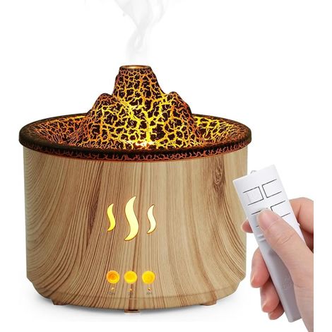 Diffuseur d'Huiles Essentielles Télécommande Arôme Ultrasonique en Forme de Volcan, Minuterie, Lumière LED, sans BPA Maison/Yoga/Bureau/Spa - Bois (1/5)