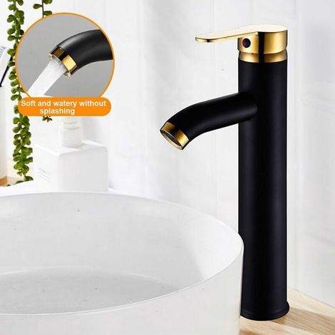 Robinet Lavabo - Hauteur Totale 30,5 cm - Tête Déversoir 20 cm - Finition Noir Mat et Doré - Commande Monocommande - Installation Simple Sur 1 Trou (1/5)