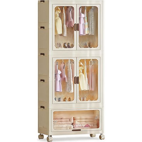 Armoire de rangement pliable à 3 niveaux – Avec tringle, portes transparentes et roulettes – Modulable, montage sans outil, idéale chambre, salon, enfant – Fournie avec 10 cintres – 70cm (1/5)