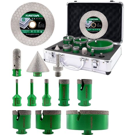 Foret Diamant Carrelage Kit 12 pièces - 6/8/10/25/35/50/68/110mm+20mm Fraise+50mm Chanfrein+125mm Disque Diamant Carrelage+Adaptateur pour Porcelaine Céramique Granit Marbre (1/5)