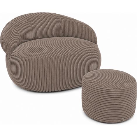 Pouf XXL déhoussable en velours côtelé BANANAIR 110x100 cm + repose-pieds marron (1/5)