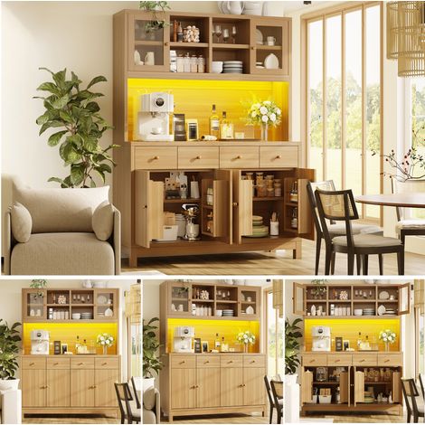 Buffet haut 140 x 38,5 x 180 cm avec éclairage LED RGB contrôlable par application, portes vitrées, 4 tiroirs, étagères réglables, aspect bois naturel, capacité de charge jusqu'à 100 kg (1/5)
