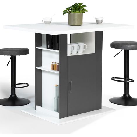Idmarket – Îlot central 110 cm bois blanc et gris – Grand plateau 110 x 80 cm – Rangement avec placard et étagères – Meuble bar contemporain