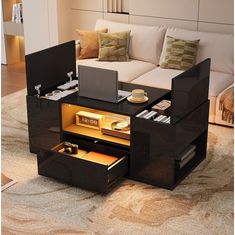 Mesa centro con almacenaje LED 100x50 cm negro OKMYHOME (1/5)
