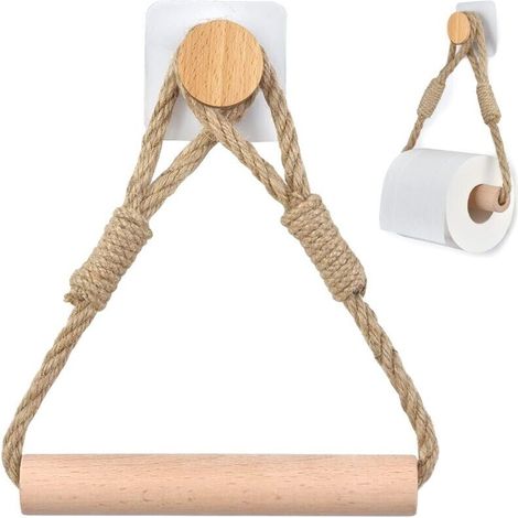 Toilettenpapierrollenhalter ohne Bohren, rustikaler Toilettenpapierhalter aus Holzseil, Handtuchring (1/4)