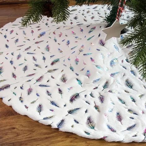 Jupe lapin en peluche haut de gamme avec broderie flocons de neige en feuille d'or, décoration pour sapin de Noël, motif plumes colorées, 78 cm.